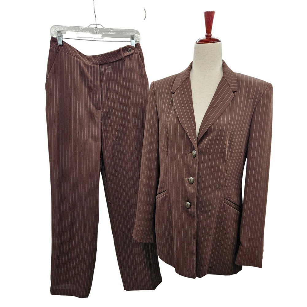 Vintage Express Brown Pinstripe Pant Suit Set 2‎ Piece Blazer Trousers Size 9/10